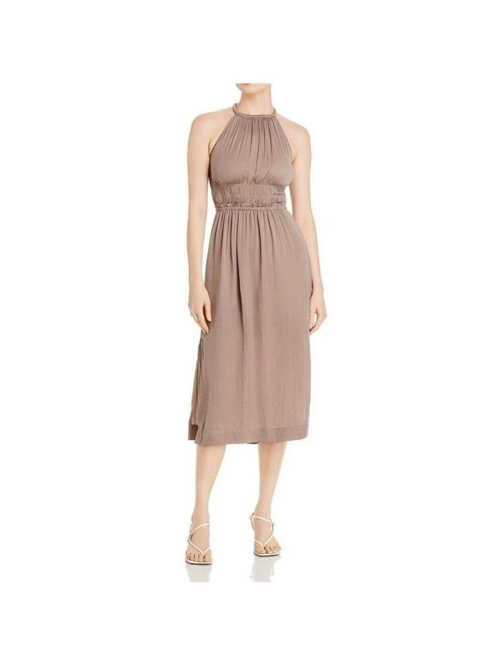 Tahari halter neck silky neutral stone lined split hem midi dress small p